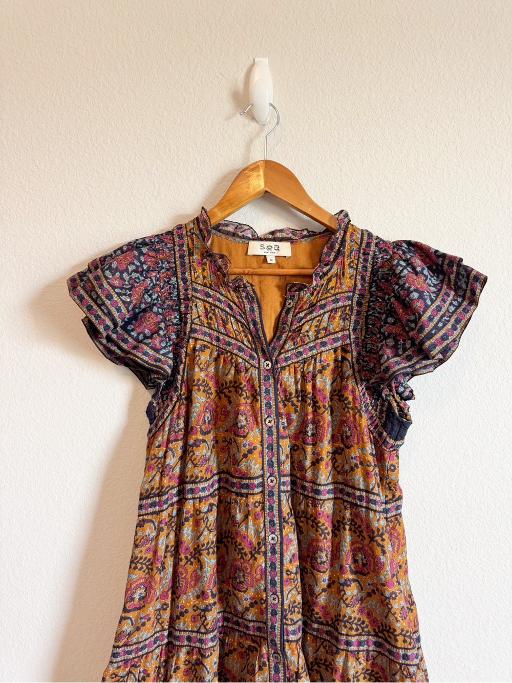 Sea New York Rosita Floral Print Flutter Sleeve Tiered Tunic Dress Size Medium - Picture 2 of 9